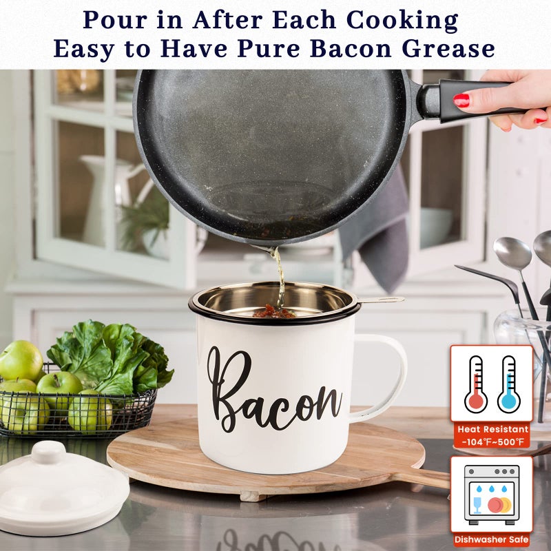 Ayerphalo Bacon Grease Container with Strainer - With Food-Grade Silicone Spatula  46oz Large Enamel Rustic Farmhouse Fat Container  Keeper  Recipes  Dishwasher Safe - Image 4